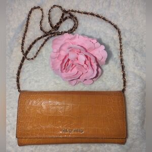 Miu Miu Authentic Yellow Leather Croc-Embossed Wallet On Chain Crossbody Bag